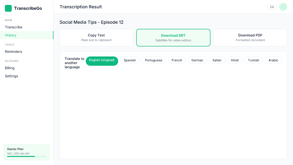 Opções de exportação do TranscribeGo mostrando download SRT, copiar texto e recursos de tradução