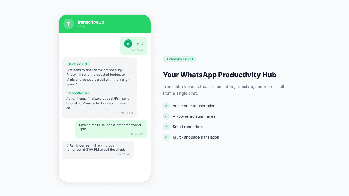Bot de WhatsApp de TranscribeGo transcribiendo una nota de voz y configurando un recordatorio