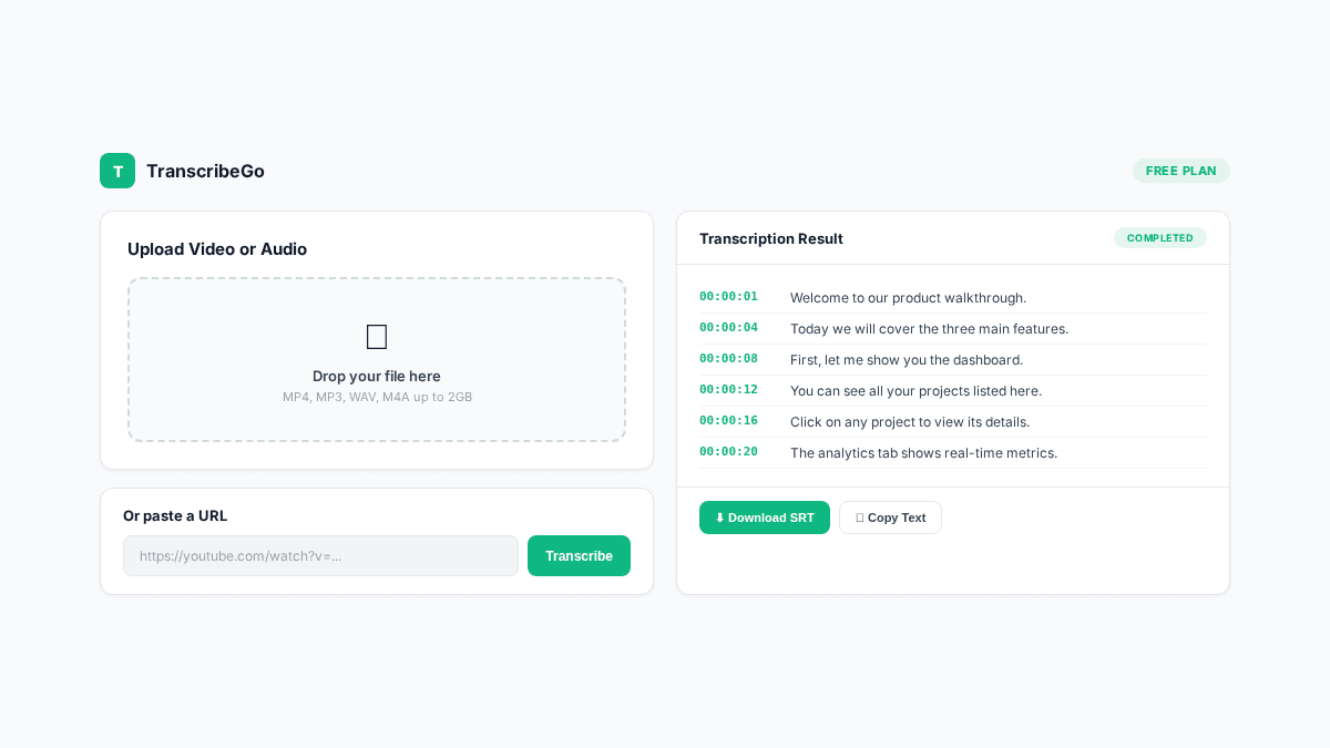 TranscribeGo interface showing automatic subtitle generation with SRT download