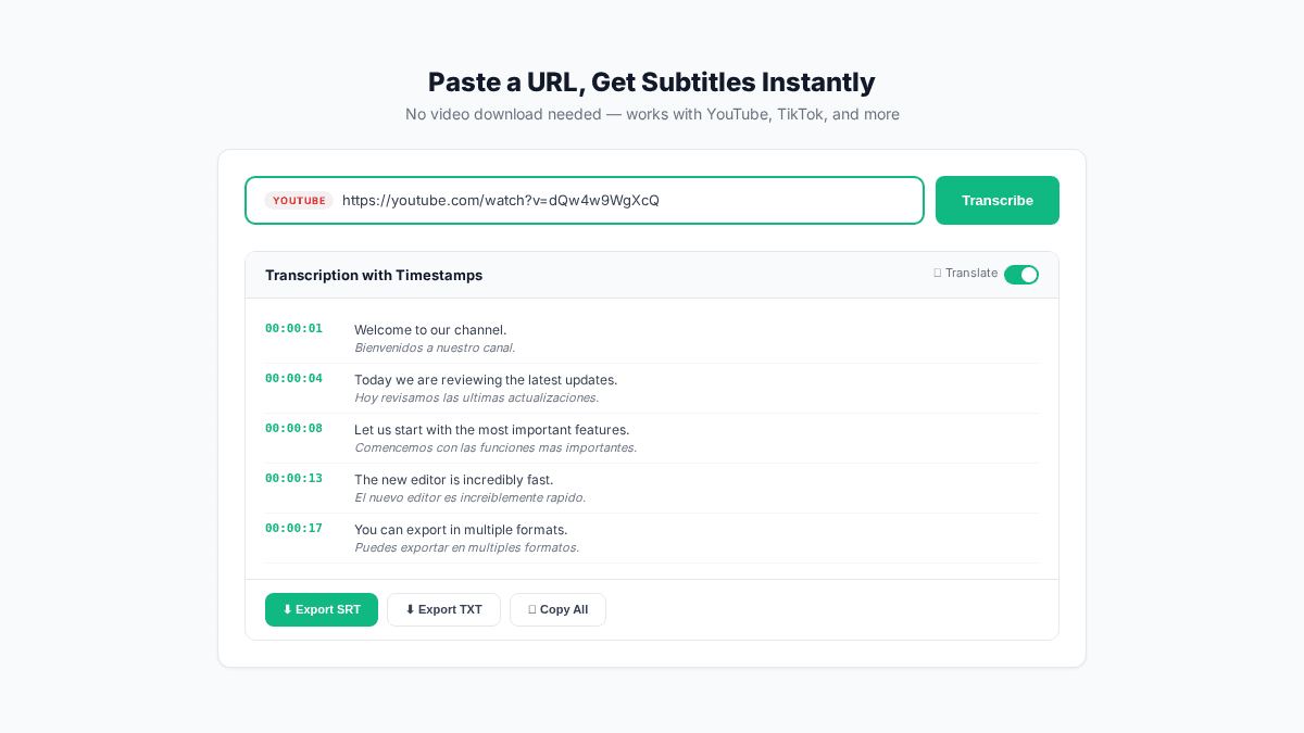 TranscribeGo URL transcription showing YouTube and TikTok subtitle generation