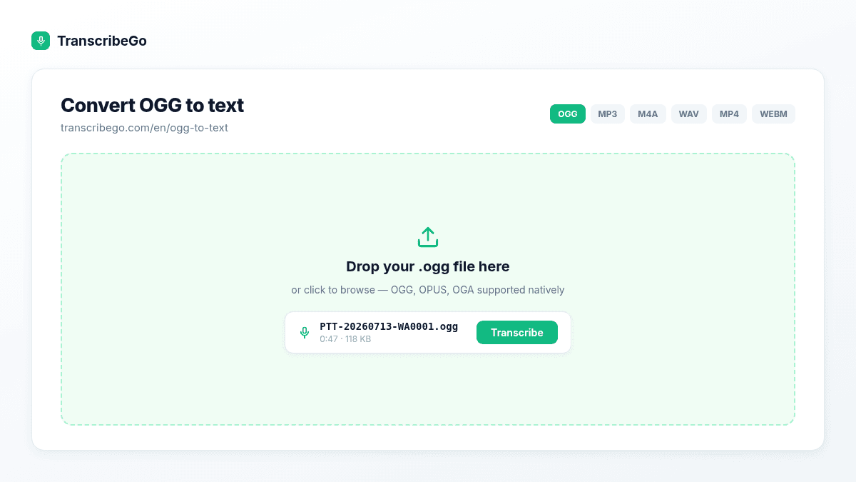 The TranscribeGo OGG to text upload widget with an .ogg file ready to transcribe