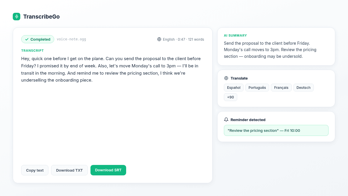 TranscribeGo result page showing the OGG transcript with AI summary, translation and SRT export options