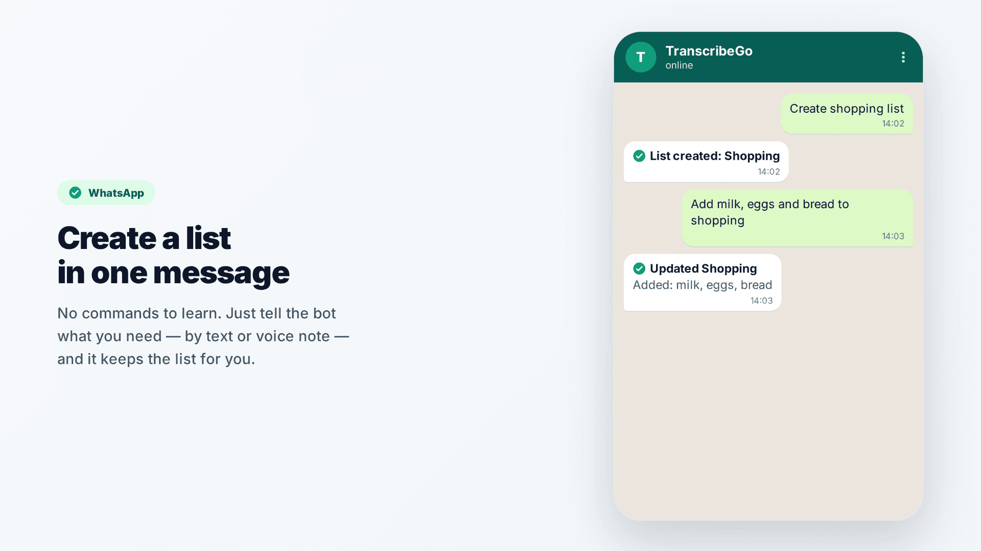 WhatsApp chat creating a shopping list and adding milk, eggs, and bread, with the TranscribeGo bot confirming each step