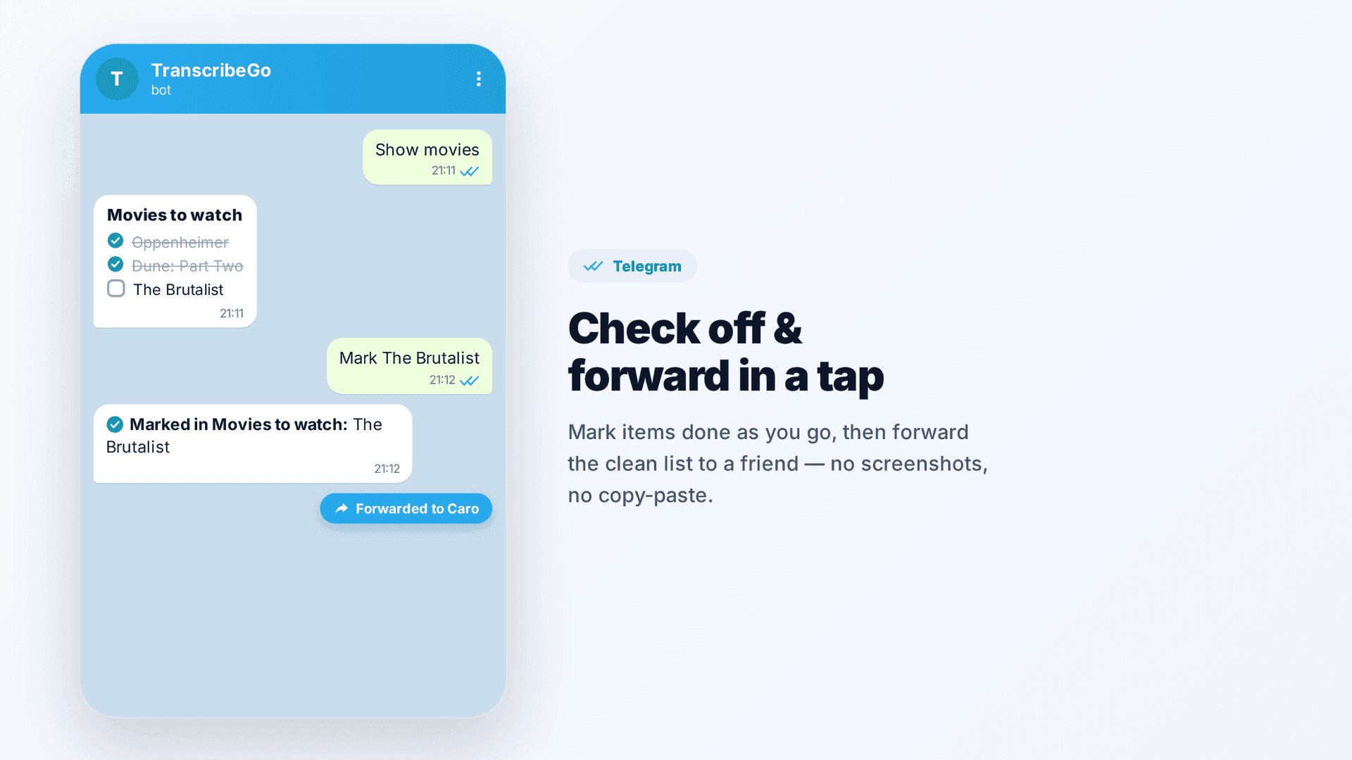 Telegram chat showing a movies-to-watch list being marked complete and forwarded to a friend, in Telegram blue