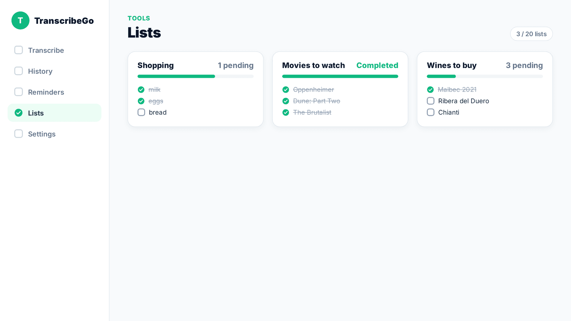 TranscribeGo web dashboard showing several lists — Shopping, Movies, Wines — with progress indicators