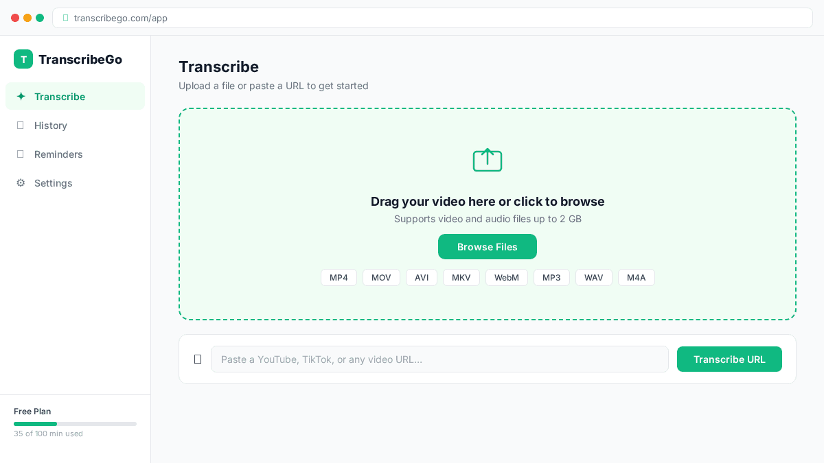 Pantalla principal de TranscribeGo con el área de carga de arrastrar y soltar