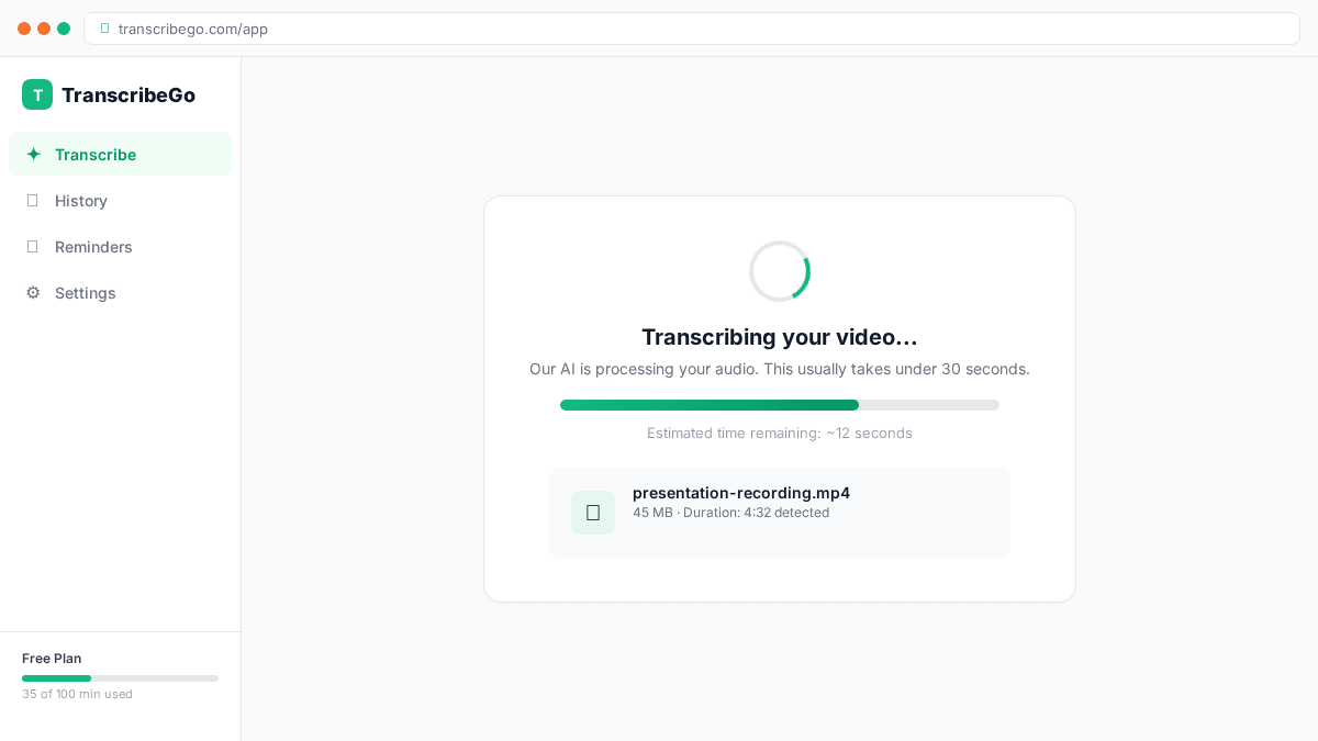 TranscribeGo procesando una transcripción de video