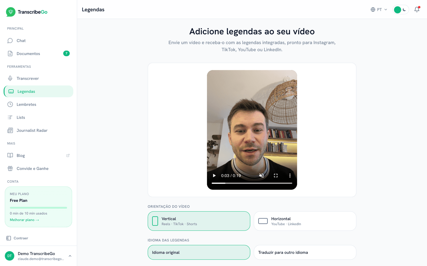 Prévia do vídeo com as opções de orientação e idioma das legendas