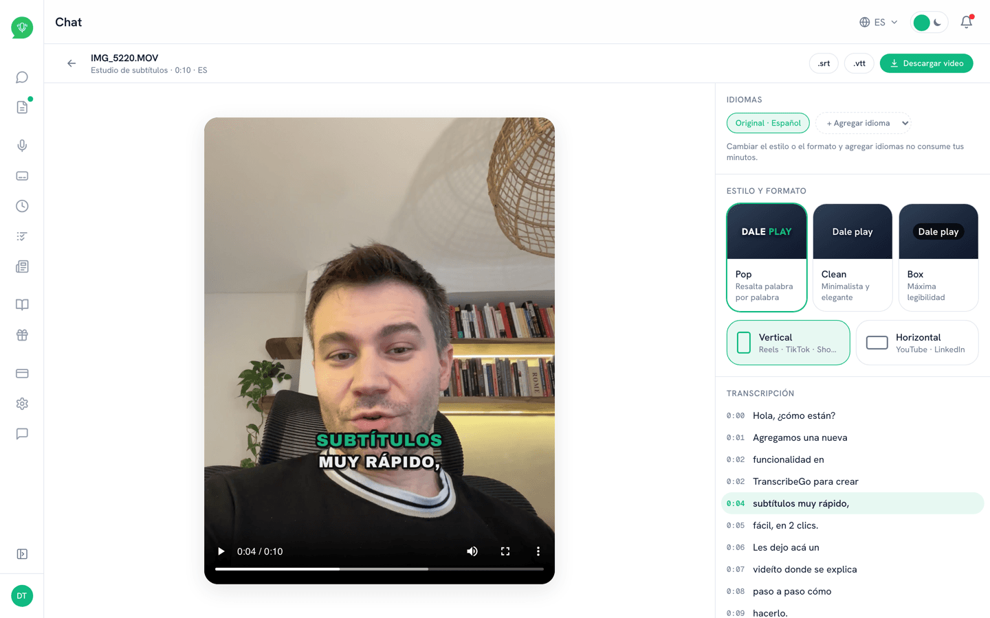 Estudio de subtítulos con el video terminado, los idiomas, los estilos y la transcripción