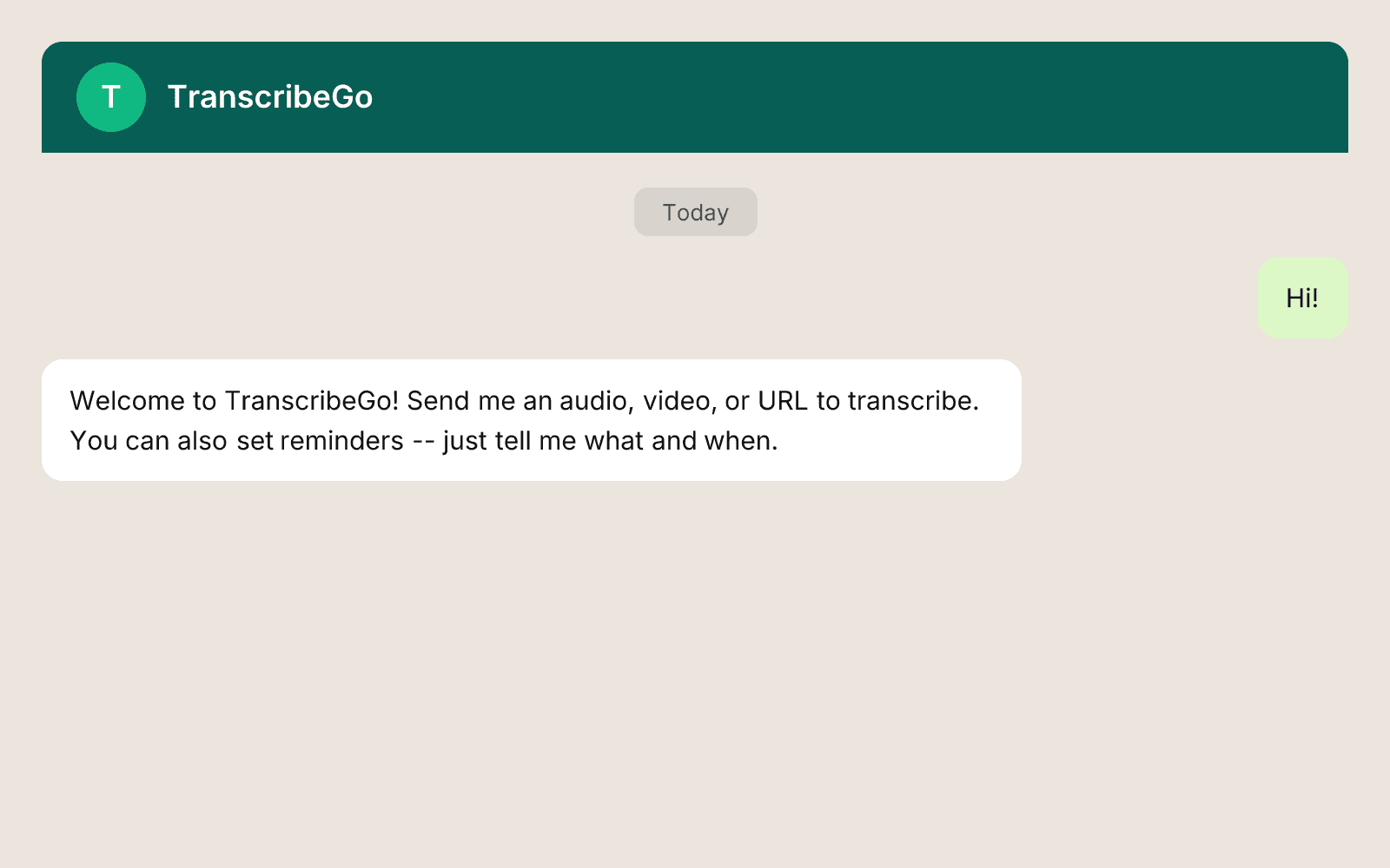 Búsqueda de contacto de WhatsApp mostrando el bot de TranscribeGo
