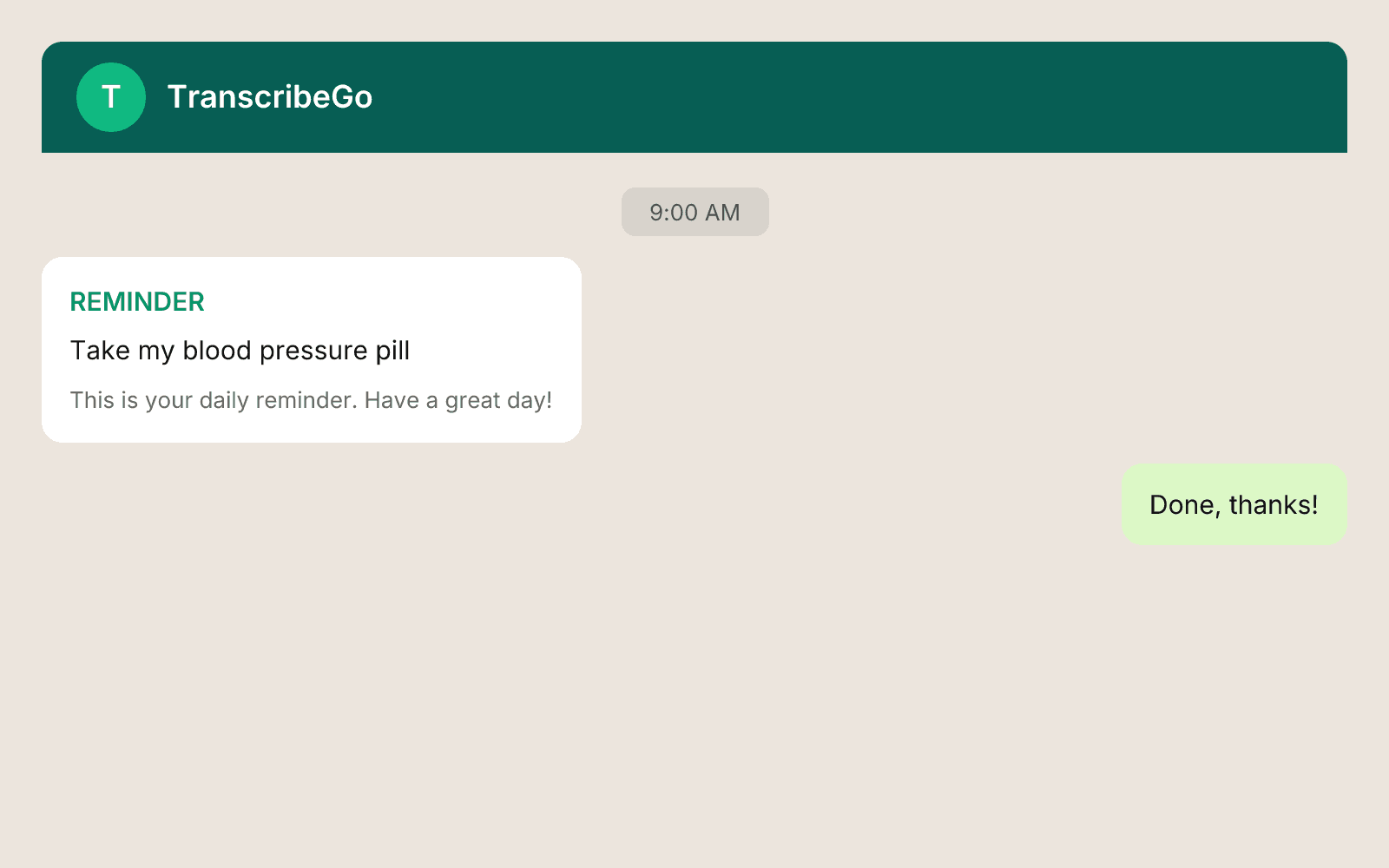 Notificación de WhatsApp mostrando el recordatorio diario de medicamentos de TranscribeGo llegando a la hora programada