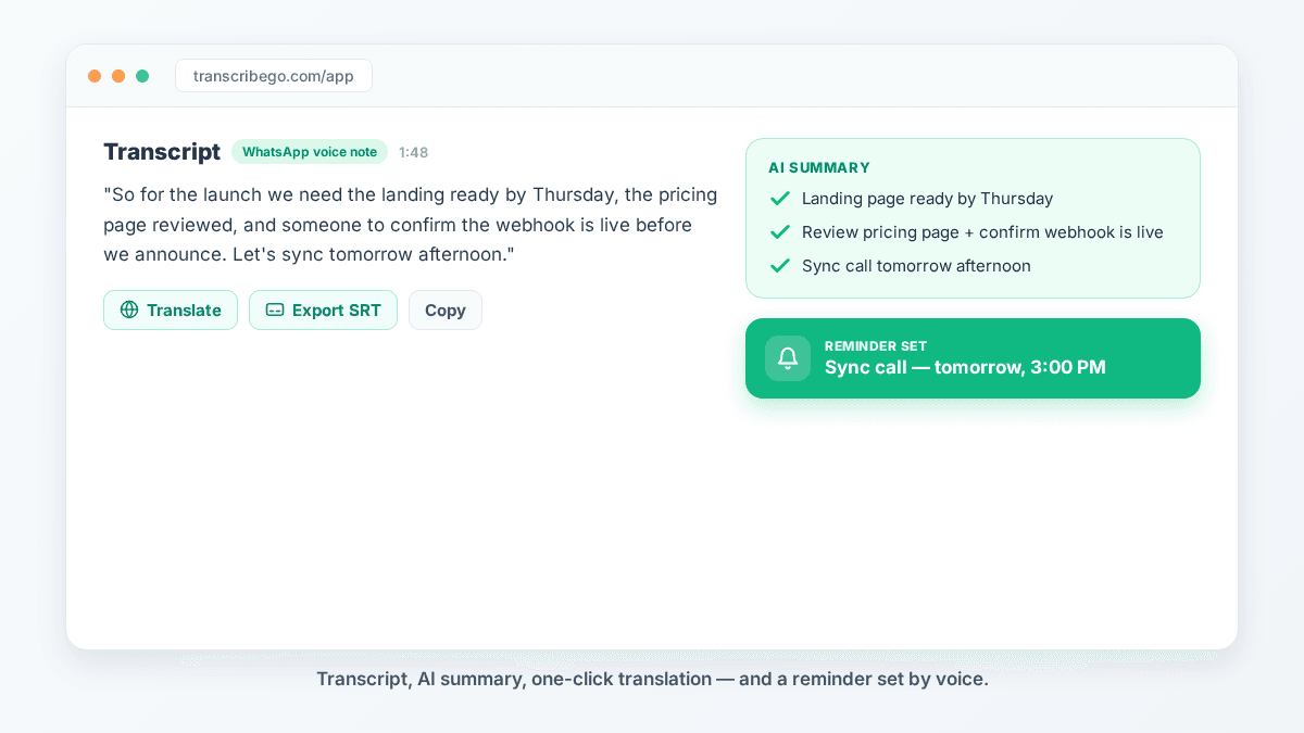 TranscribeGo transcript view with an AI summary, a one-click translation button, and a reminder set by voice