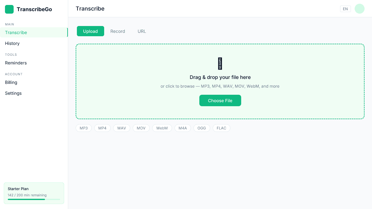 Interfaz de carga de TranscribeGo mostrando la zona de arrastrar y soltar para archivos de video