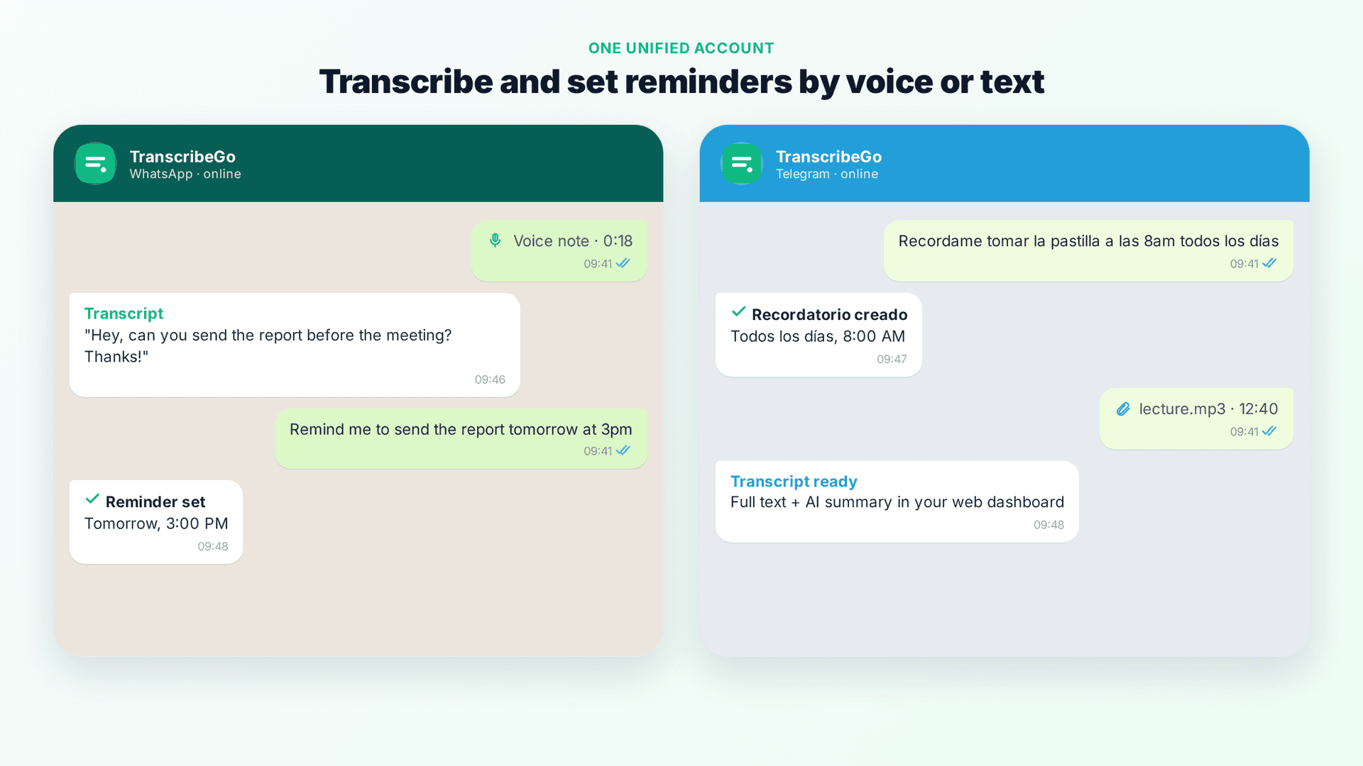 WhatsApp and Telegram chat mockups showing a voice note being transcribed and a recurring reminder being set