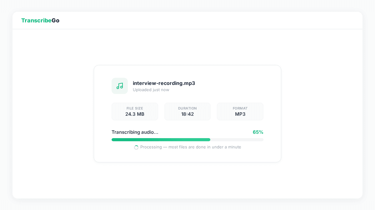 TranscribeGo showing transcription in progress with a progress indicator
