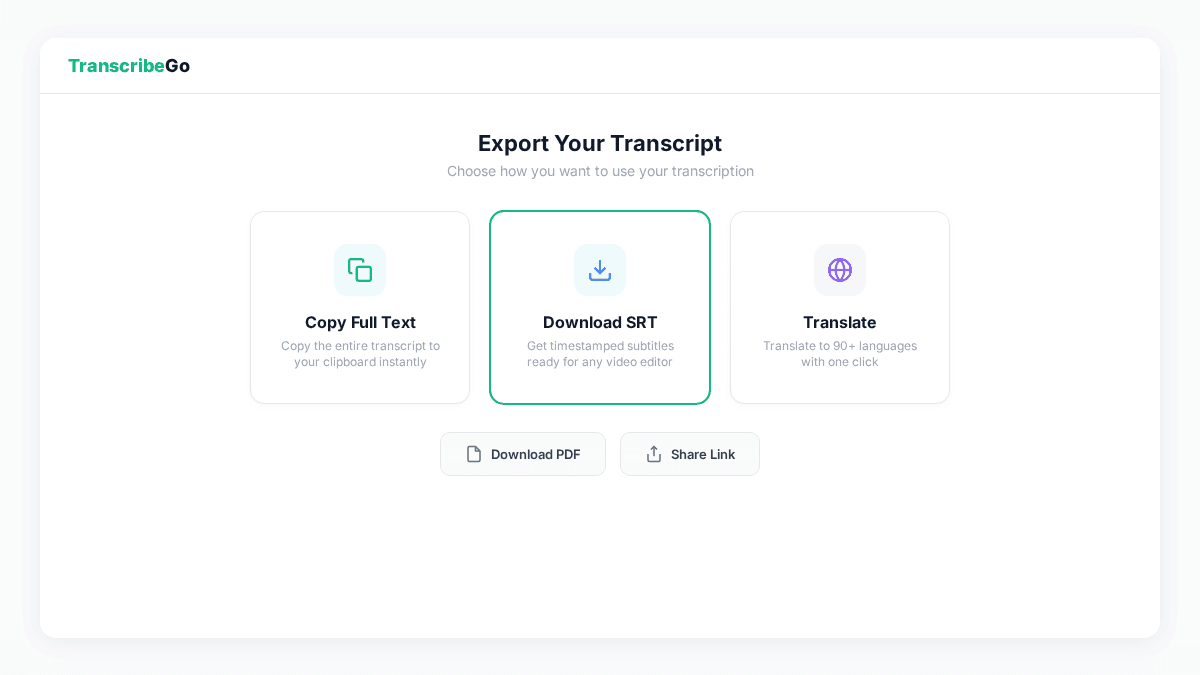 TranscribeGo export options showing copy, SRT download, and translate buttons