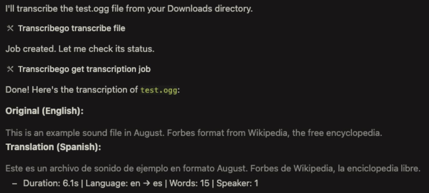 A terminal AI assistant transcribing a local file and returning the transcript plus a Spanish translation, duration, word count and speaker count