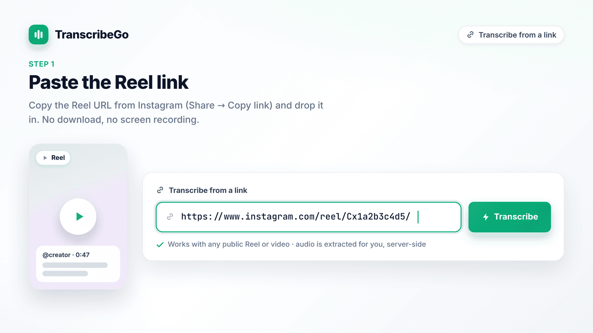 Pasting an Instagram Reel URL into the TranscribeGo transcription input field