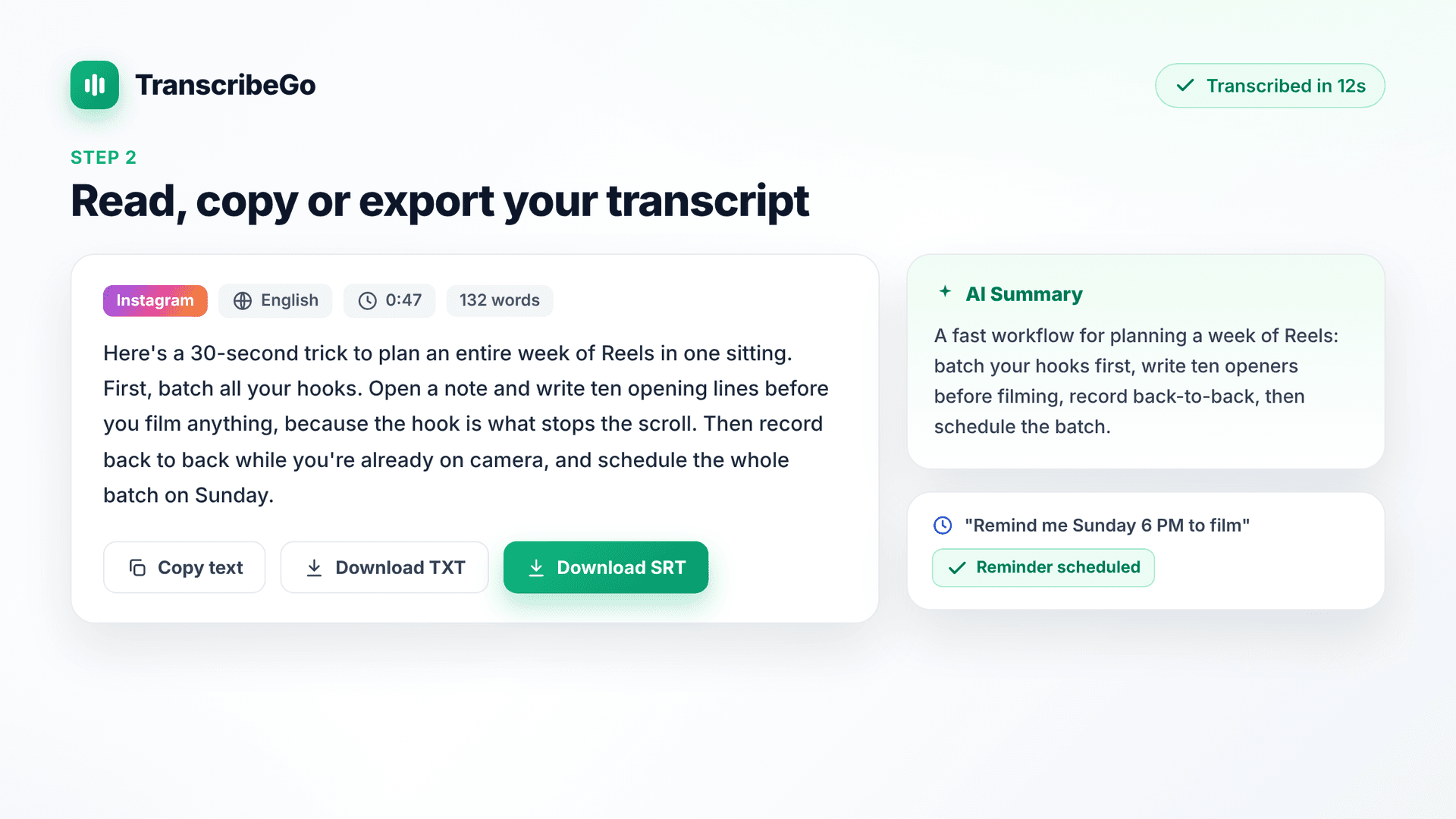 TranscribeGo result page showing an Instagram Reel transcript with AI summary and export options