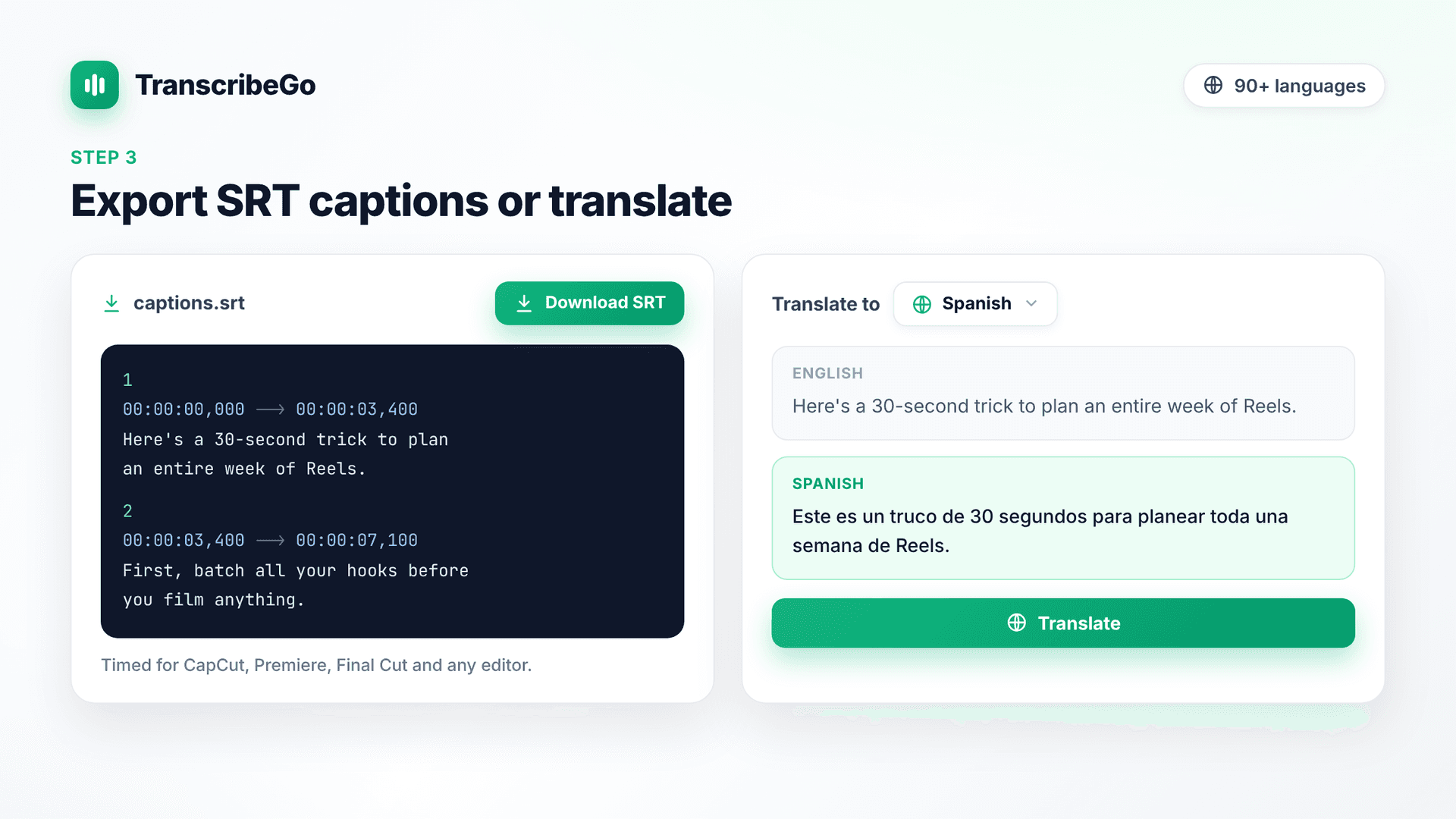 Downloading SRT captions and translating an Instagram Reel transcript in TranscribeGo