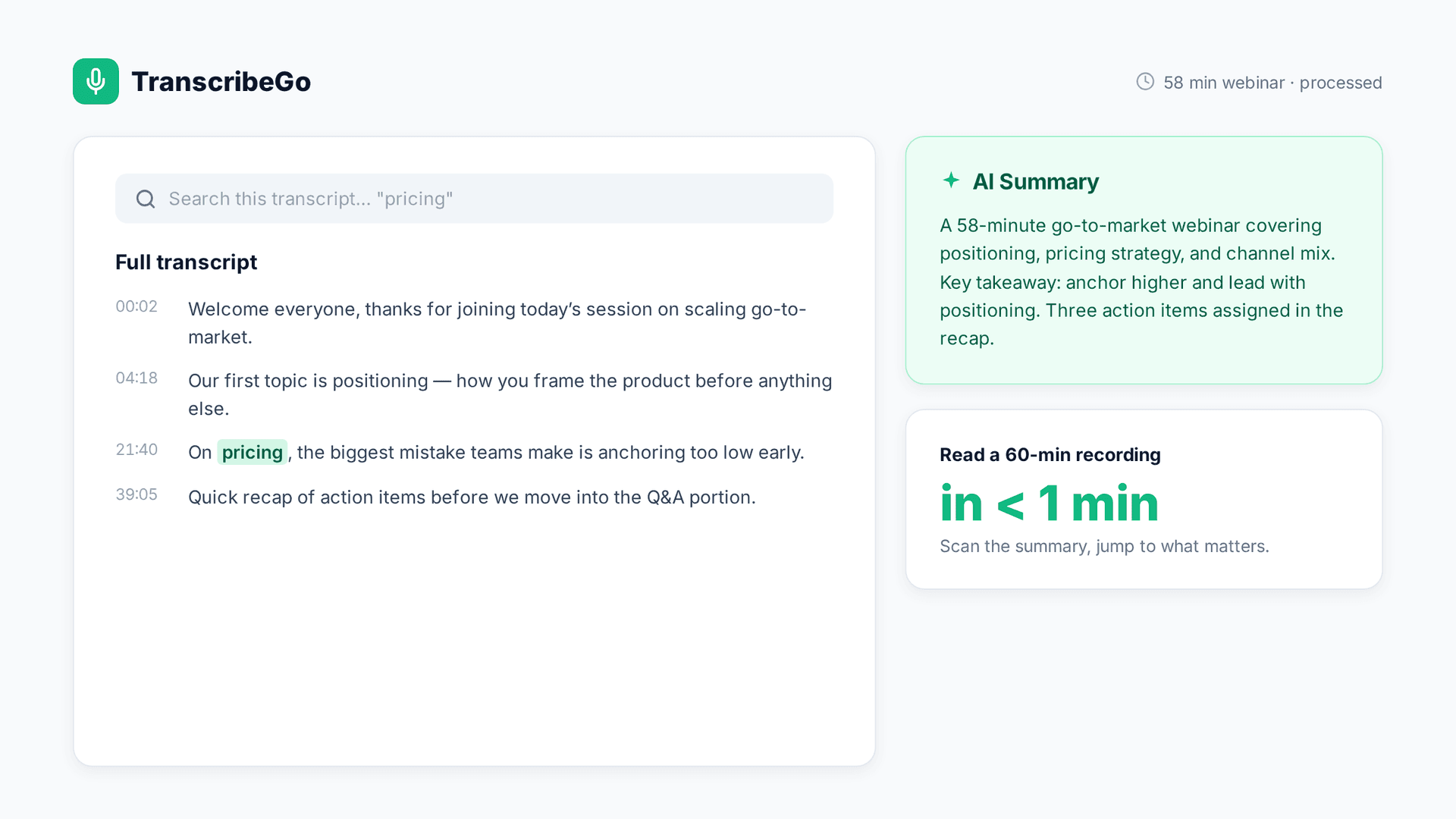 TranscribeGo transcript view of a long webinar showing the full text, an AI summary panel, and a keyword search bar