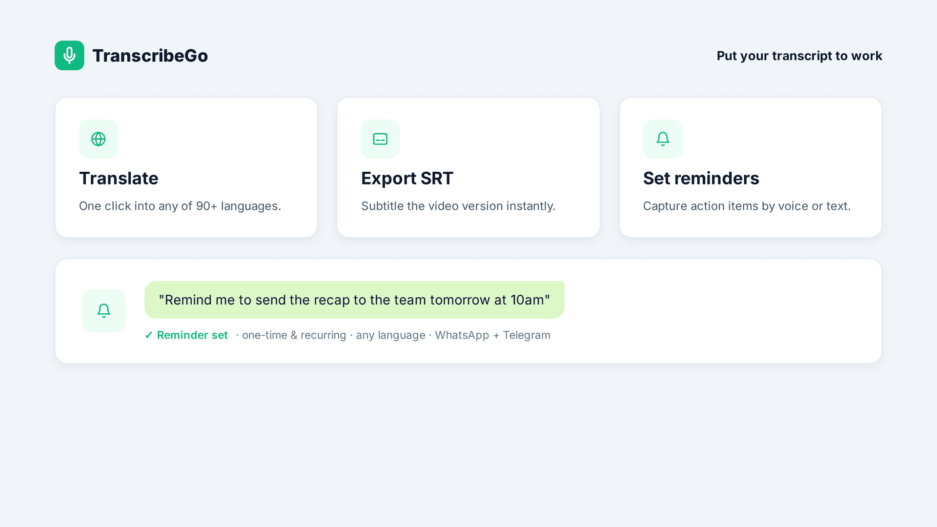 TranscribeGo showing translation, SRT subtitle export, and a reminder set by voice for a long lecture transcript