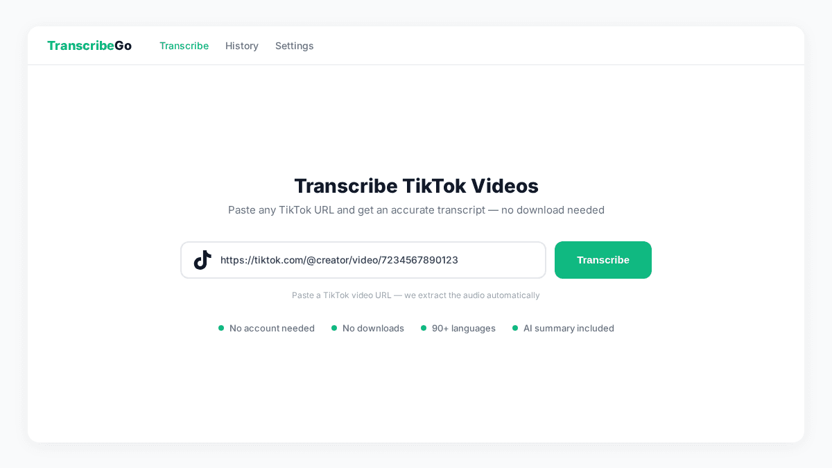 Pasting a TikTok URL into the TranscribeGo transcription input field