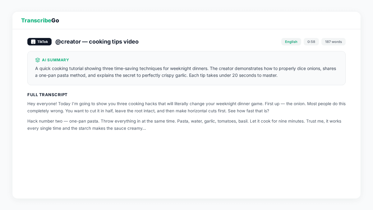 TranscribeGo result page showing a TikTok video transcription with AI summary