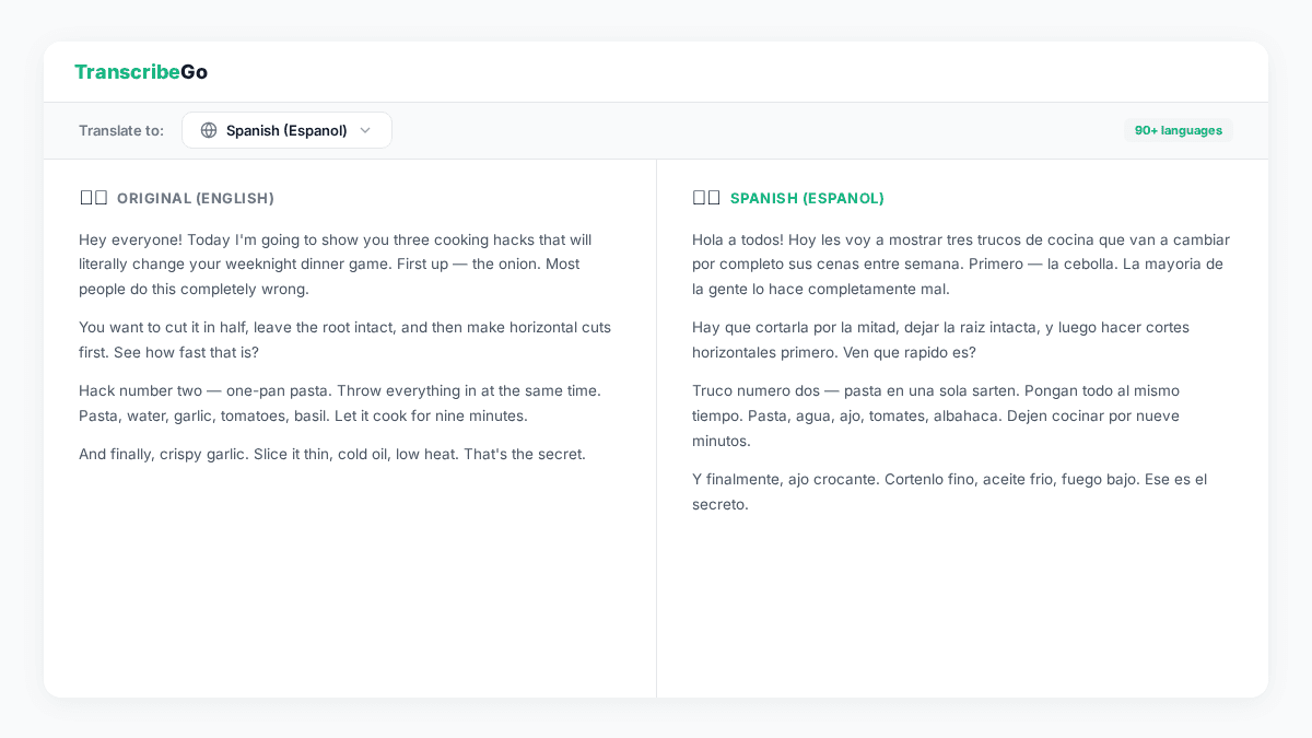 TranscribeGo translation feature showing a TikTok transcript translated to another language