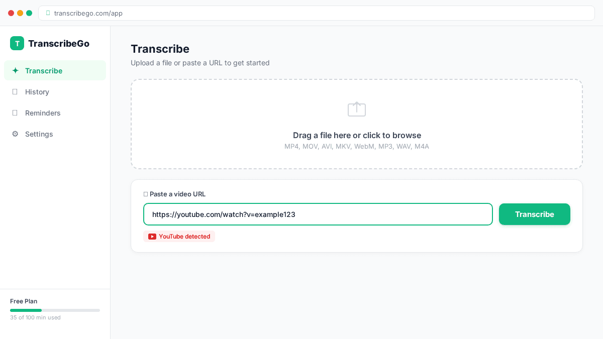 TranscribeGo main screen with a YouTube URL pasted