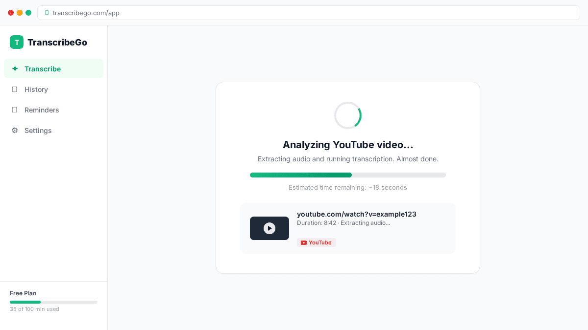 TranscribeGo processing a YouTube video transcription
