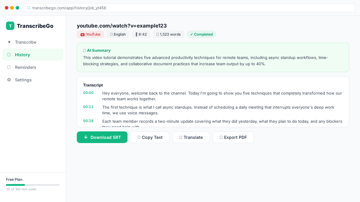 Completed YouTube transcript with download options