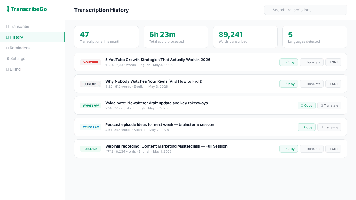TranscribeGo web dashboard showing transcription history with search, translation, and SRT export options
