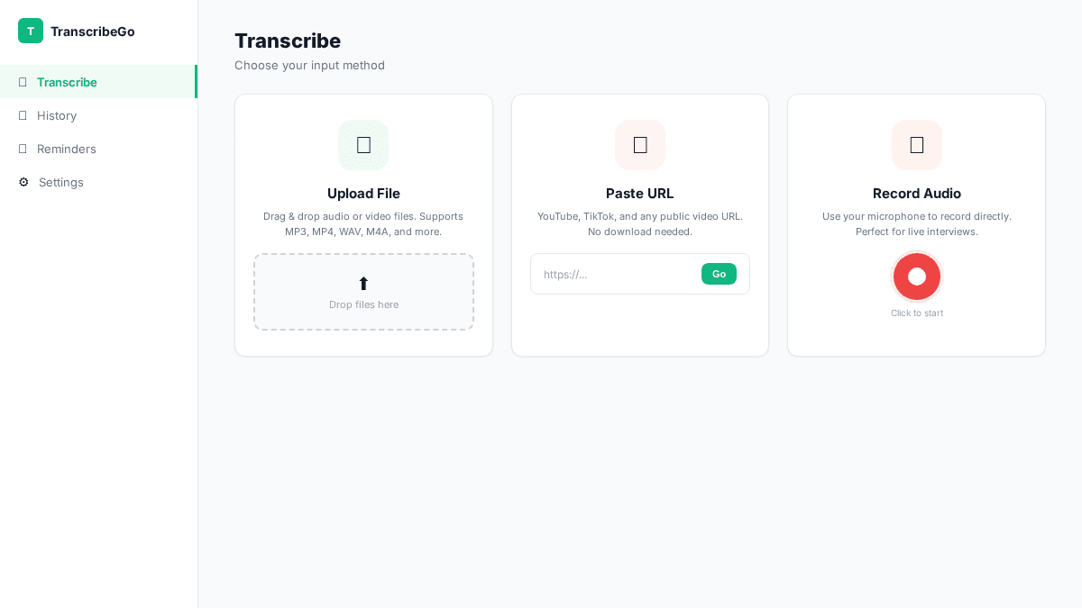 TranscribeGo dashboard showing file upload area, URL transcription with YouTube TikTok and Instagram support, and microphone recording