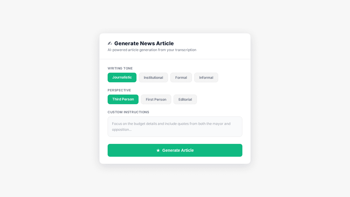 TranscribeGo Generate News Article form with Journalistic tone selected, Third person perspective, and custom instructions field