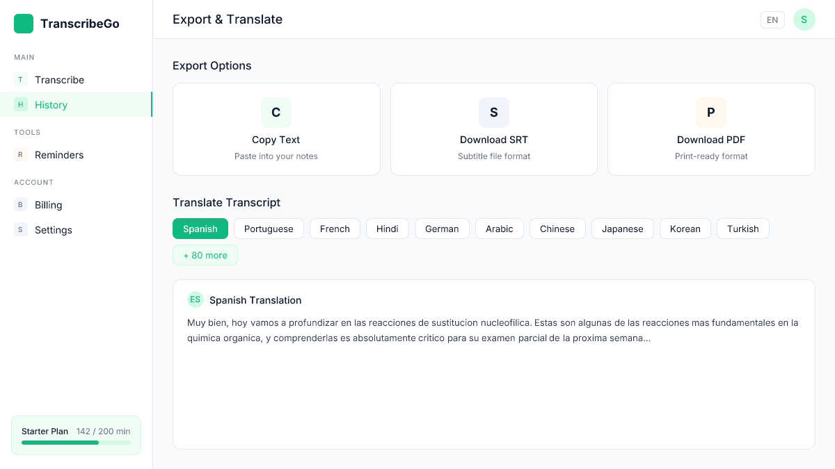 Opciones de exportación de TranscribeGo mostrando copiar, descarga SRT y traducción