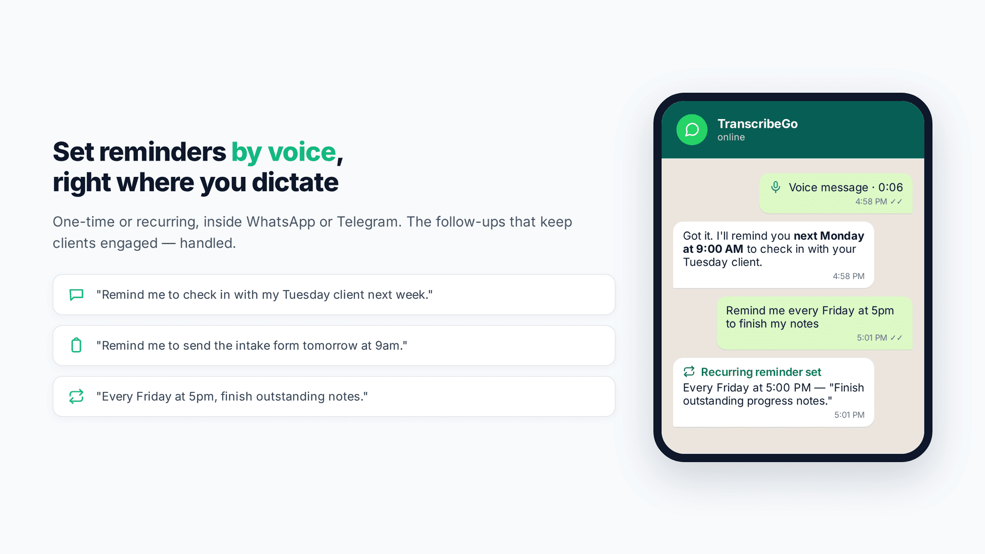 TranscribeGo-Erinnerungsfunktion, die per Stimme gesetzte Erinnerungen in einem WhatsApp-Chat für Klienten-Follow-ups und das Fertigstellen von Verlaufsnotizen zeigt
