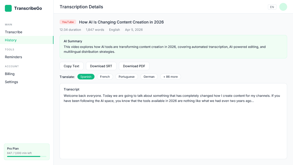Resultado de transcripción de TranscribeGo mostrando resumen por IA, opciones de exportación y traducción