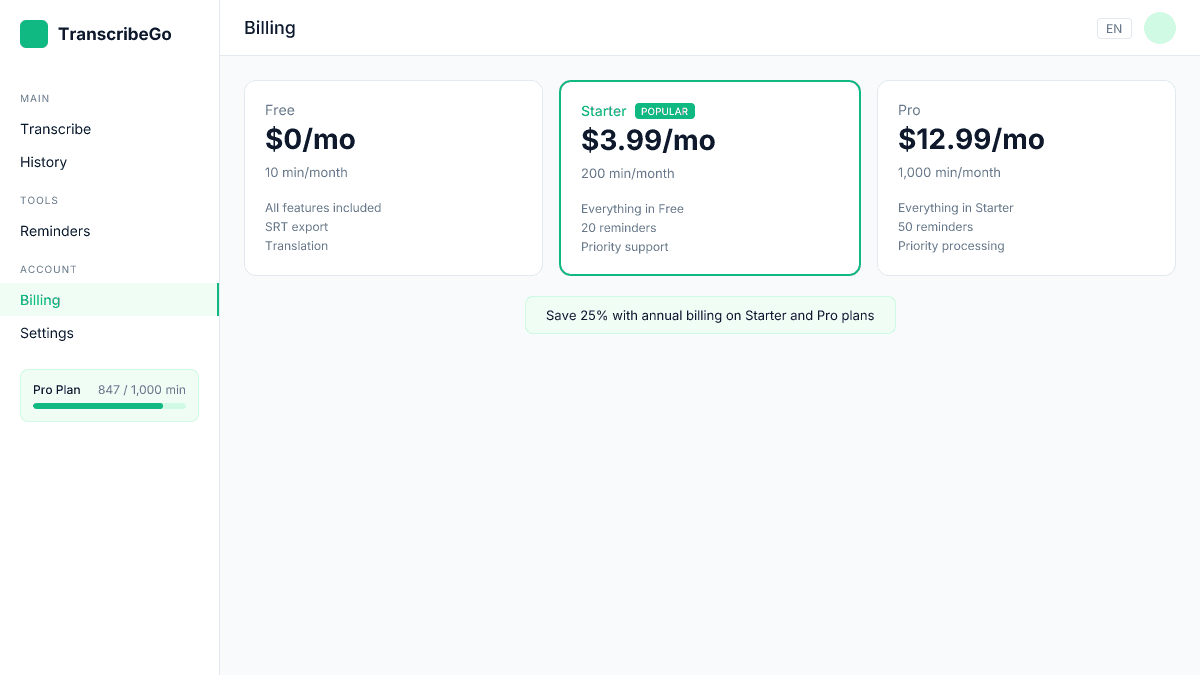 Página de precios de TranscribeGo mostrando los planes Free, Starter y Pro