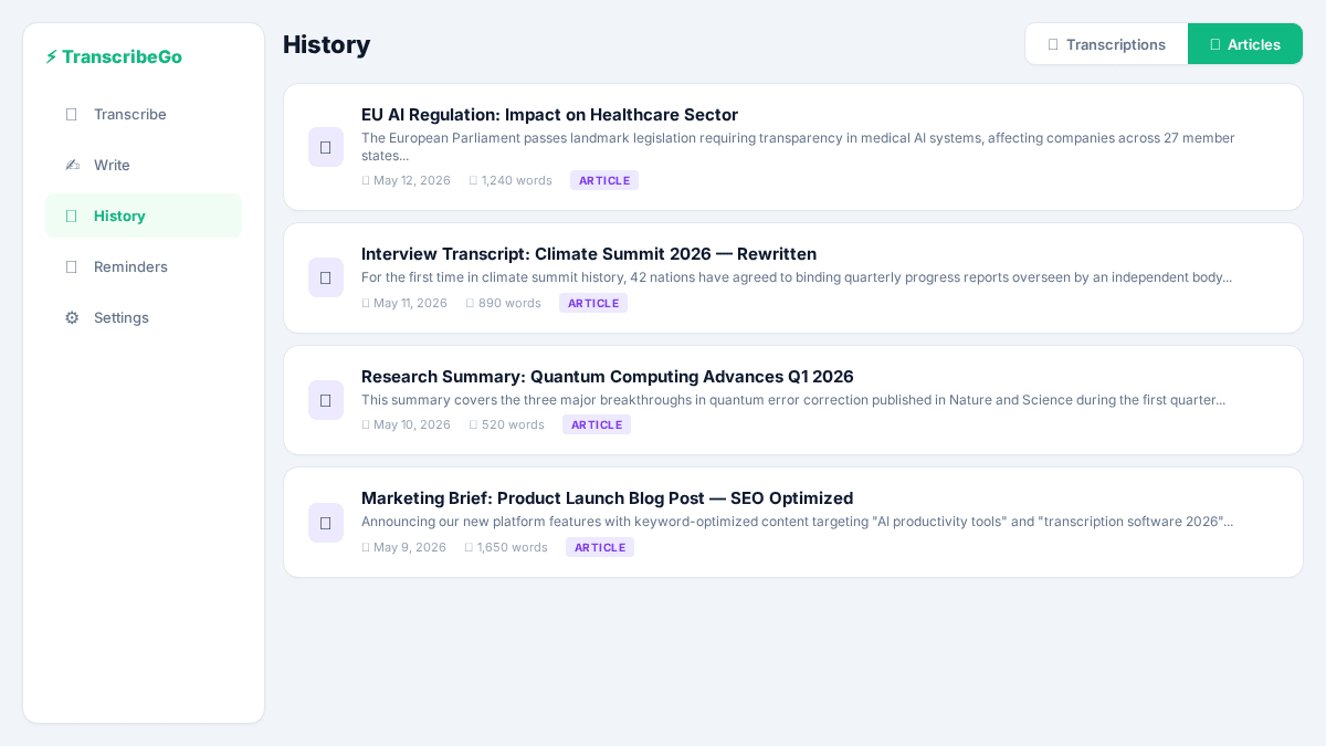 Pagina de historial de TranscribeGo mostrando el selector de segmentos con las pestanas de Transcripciones y Articulos, mostrando una lista de articulos creados