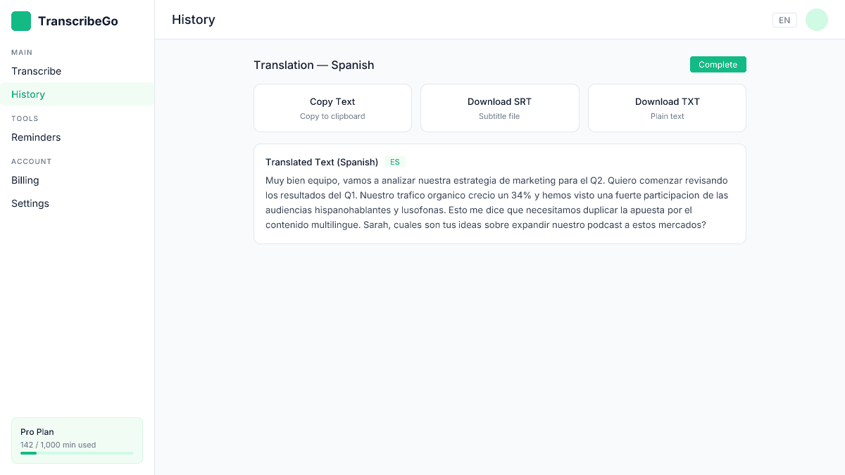 TranscribeGo export options showing copy, SRT download, and translated text preview