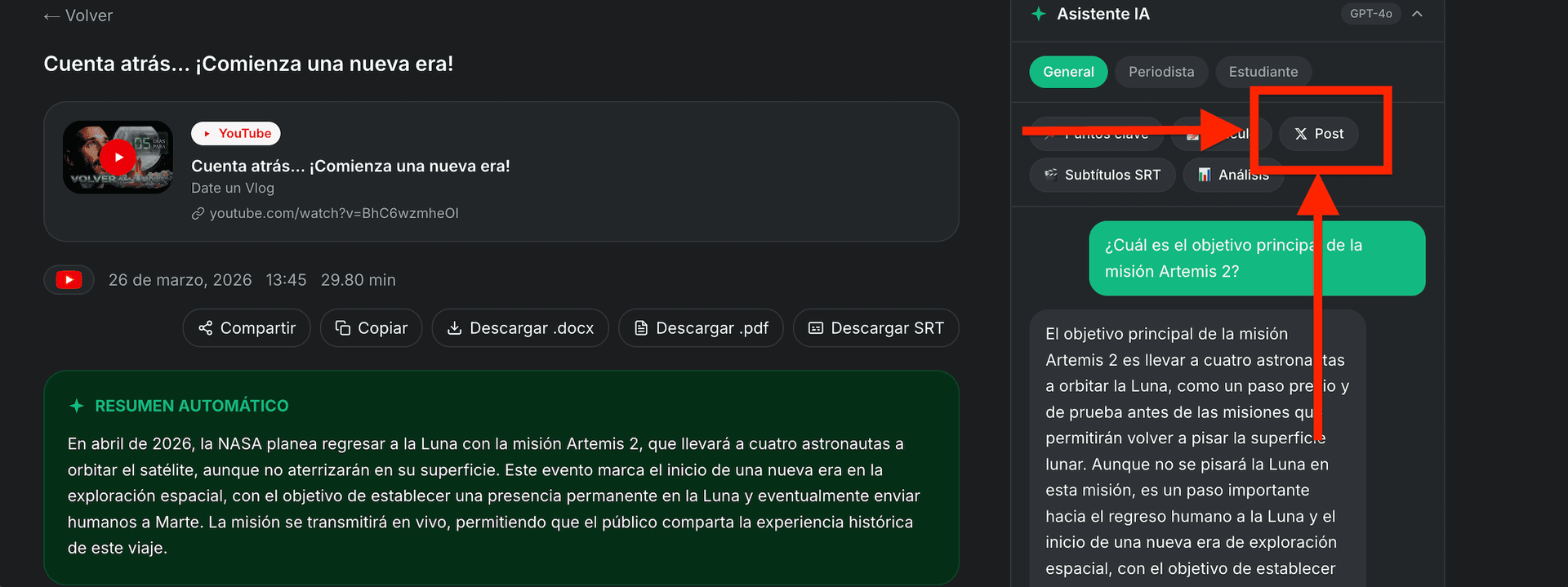 Página de resultados de transcripción que muestra el resumen de IA y el botón X Post