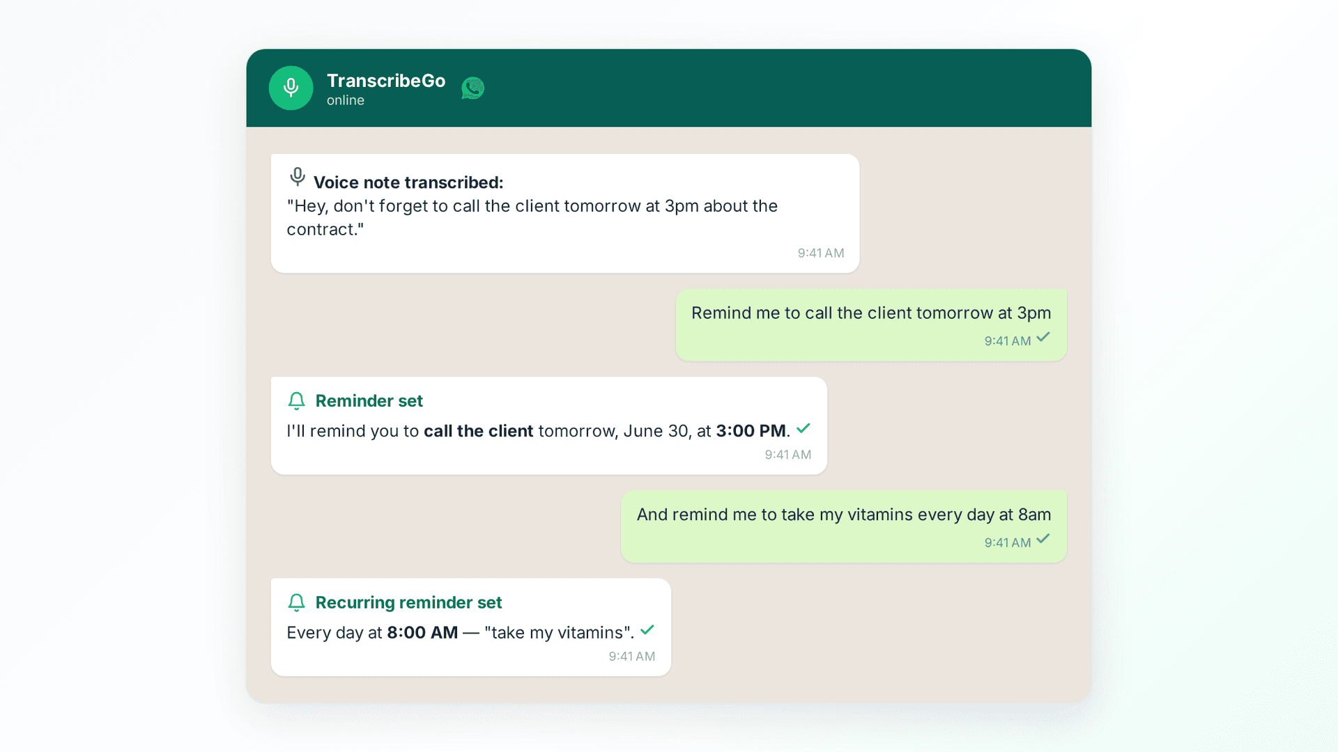 WhatsApp chat showing a user setting a voice reminder in TranscribeGo and receiving a confirmation that the reminder is scheduled