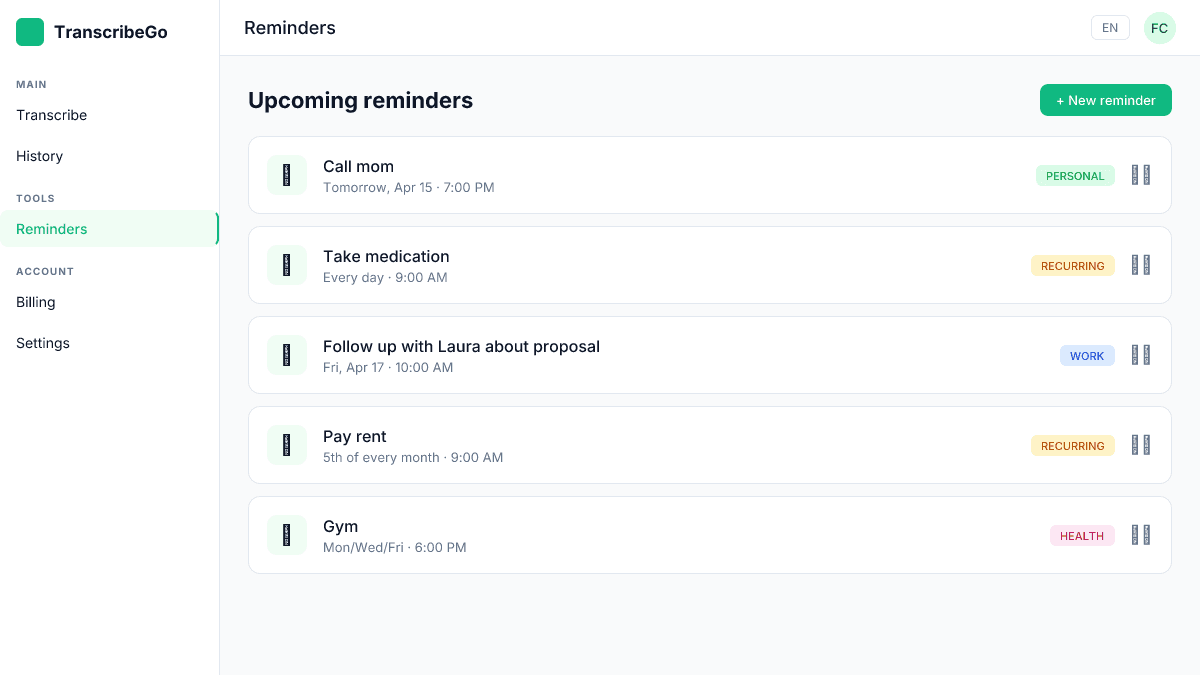 Dashboard di TranscribeGo Reminders nell'app web, che mostra promemoria imminenti e ricorrenti