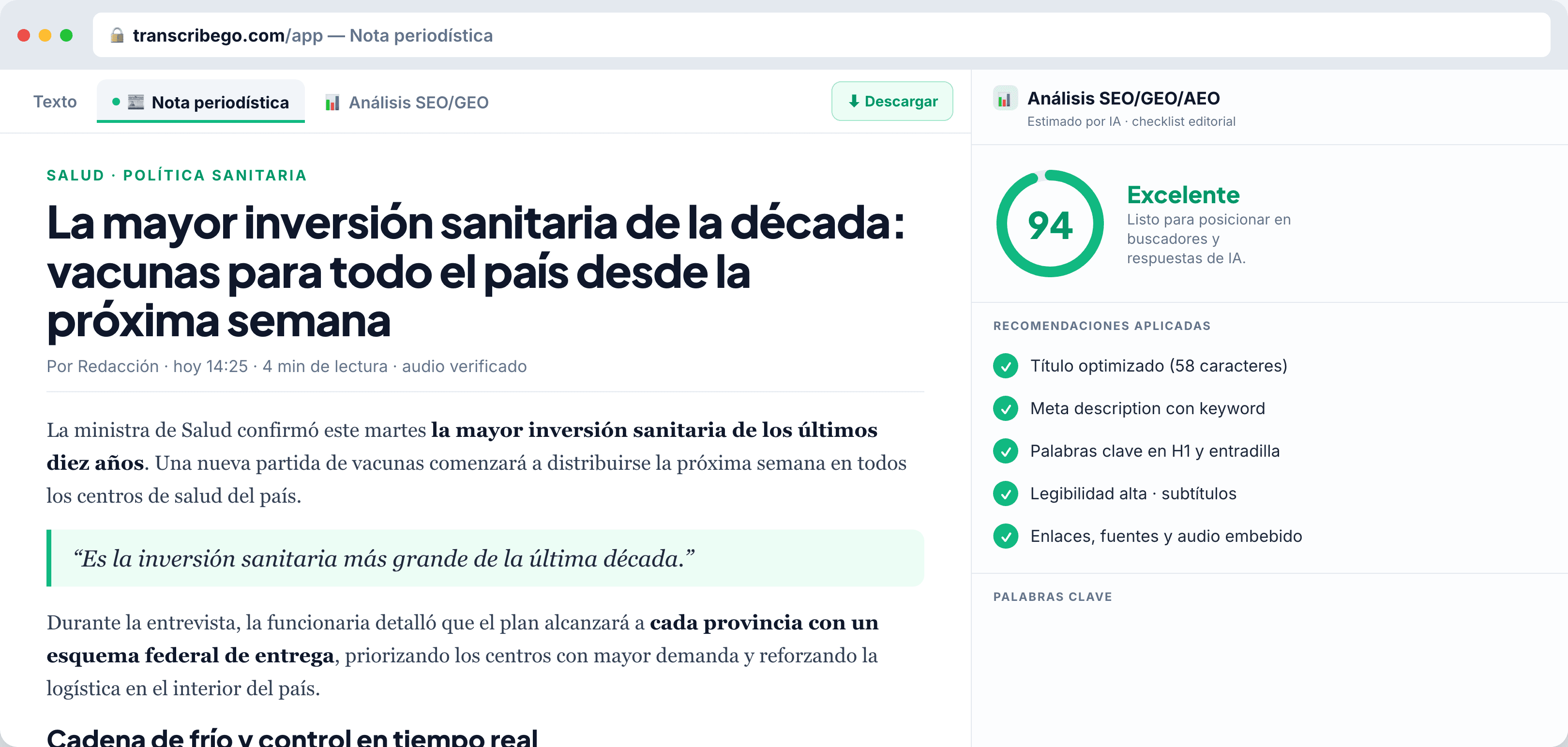 News Article tab with the SEO analysis panel scoring 94/100
