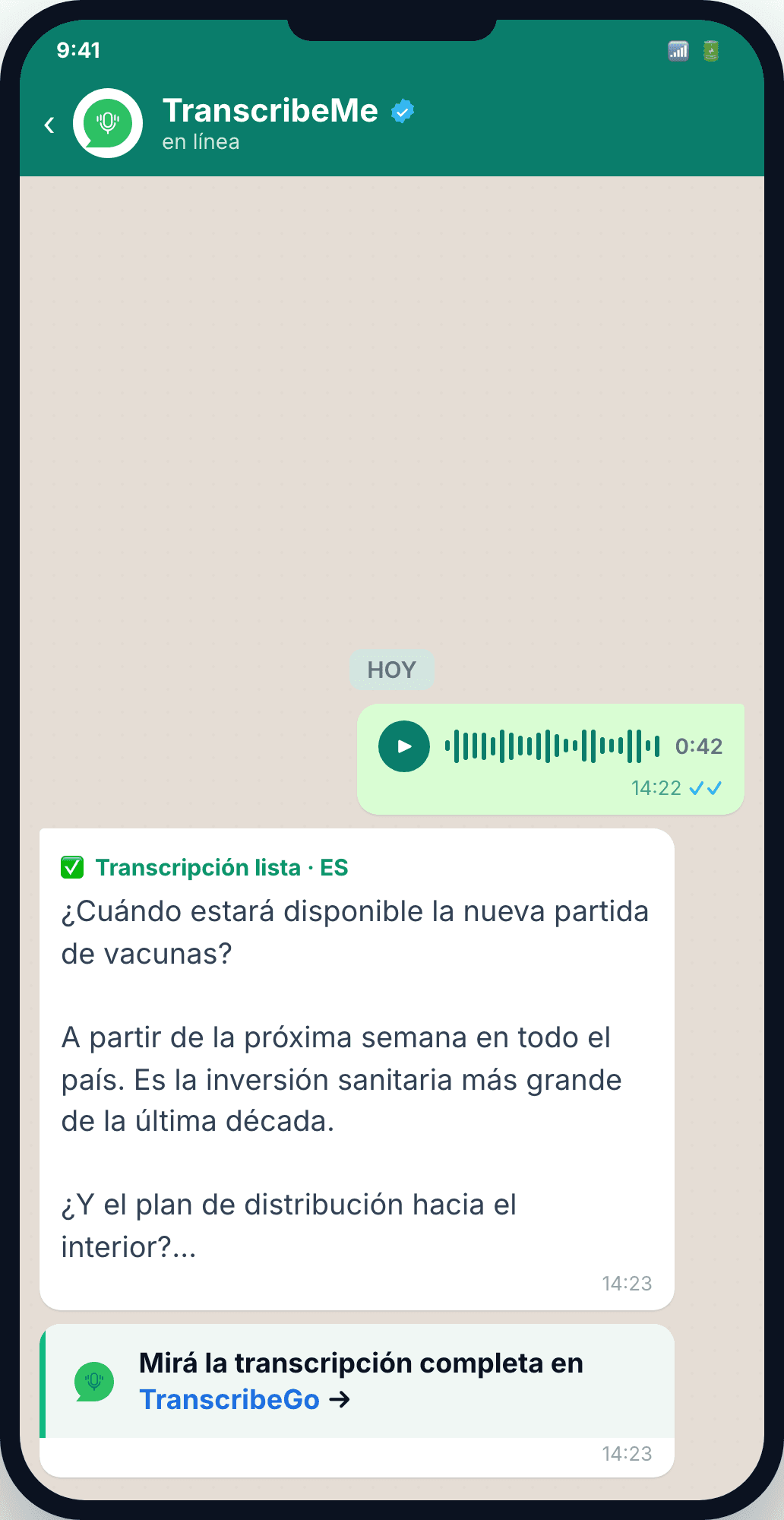 WhatsApp conversation with the TranscribeMe bot: audio and transcript