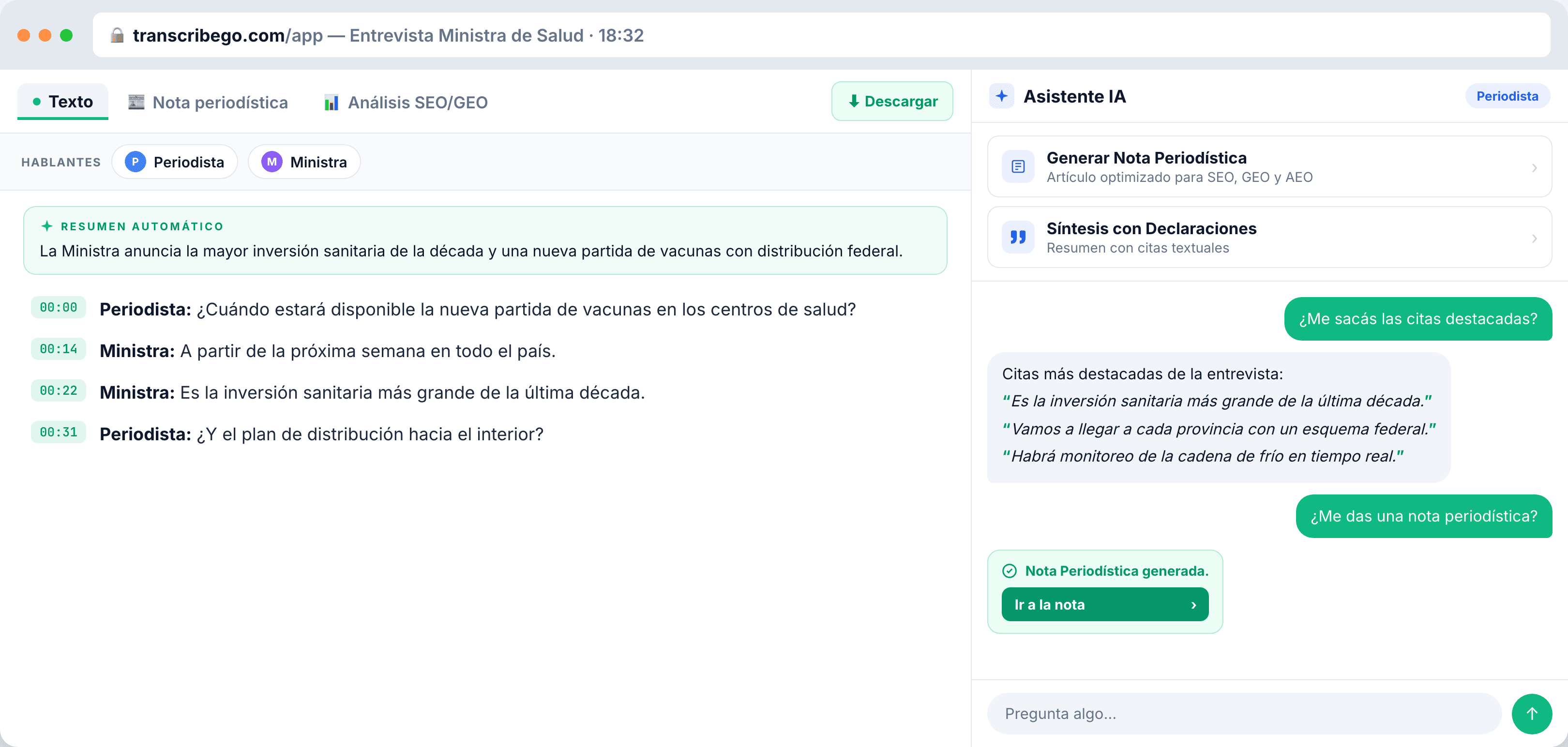 TranscribeGo web app: diarized transcript and AI assistant